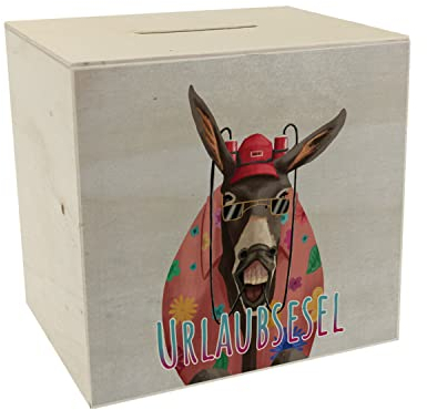 Spardose aus Holz mit lustigem Tier und Text für Urlauber - Urlaubsesel witziges Esel Geschenk für Menschen die viel in den Urlaub Fahren und vielleicht sogar auf eine Safari
