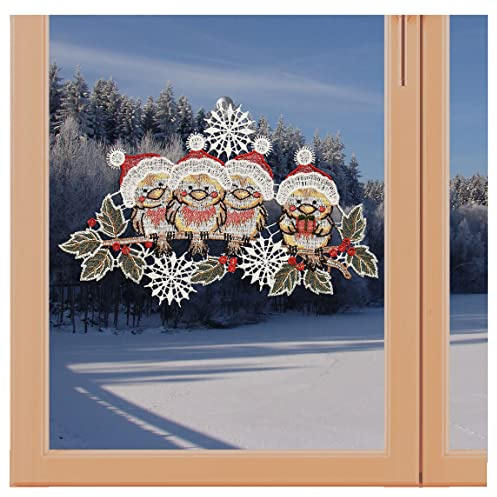Gesticktes Fensterbild Wintervögel mit Mützchen Weihnachts-Fensterdeko Echte Plauener Spitze 16 x 27 cm
