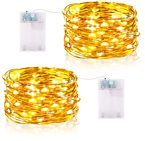 Lichterketten Batterie Timer, 5M 50 LED Micro Drahtlichterkette IP65 Wasserdichte Kupferdraht Lichterkette für Zimmer Party Garten Weihnachten Halloween Hochzeit Deko DIY (2 Stück, Warmweiß)