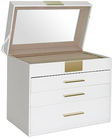 Schmuckkästchen, transparenter Deckel, 4-stöckiges Schmuckkasten, Schmuck-Organizer mit 3 Schubladen, 4 Uhrenkissen, Aufbewahrung für Brillen, Halsketten, Armbänder, Ringe, Weiß