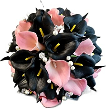 HXSCOO Schwarz mit rosa Calla-Lilien, runder Hochzeitsstrauß, Kristallperlen, Luxus-Brauthandgriffblumen
