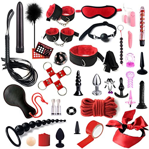 BDSM Sex Bondage Set 35 Stück Sexspielzeug für Paare Extrem Sex ondageset Fessel Set Handschellen Peitsche Nippelklemmen Knebel Analplug Set für Anfänger und Erfahrene Paare(#1) (Rot)