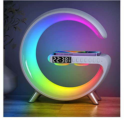 LeeNabao Smart LED Tischlampe, 4-in-1 kabelloses Ladegerät, Nachtlicht, Wecker und Bluetooth-Lautsprecher mit App-Steuerung für Schlafzimmer, Büro und Heimdekoration (Weiß)