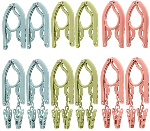 12 Stück Faltbare Kleiderbügel Reise Aufhänger mit Clip Tragbare Reise Falten Plastik Kleiderbügel für Zuhause Hotel Reise Outdoor Camping, 3 Farben