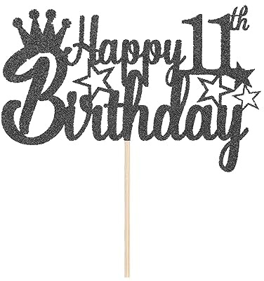 11th Birthday Cake Toppers, Happy 11th Birthday Cake Topper Glitter Star 11 Fabulous Cake Pick Birthday Sign Cake Decorations for Boys Girls 11 Years Old Birthday Party (Black)