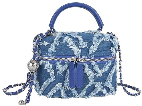 Hyuyikuwol Damen Denim Mini Eimer Schulter Crossbody Tasche Kordelzug Gesteppt Distressed Quaste Barrel Form Satchel Geldbörse, C-dark blue, 6.5*3.3*5.3inch