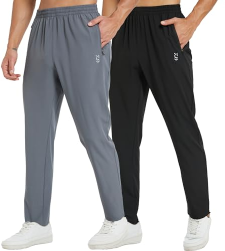 frueo 2 Pack Tracksuit Bottoms Men Lightweigt Jogging Trousers with Zipper Pockets Work Joogers Fit Sport Casual Sweatpants for Running Gym Training(0601) Black Grey-M
