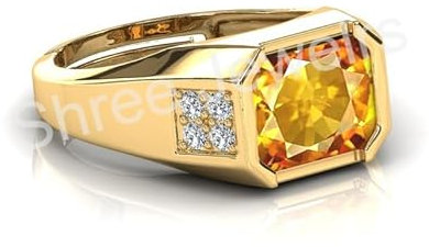 Shree Jewelrs Ring mit gelbem Saphir-Edelstein, 4,50 Karat, verstellbar, vergoldet, quadratische Form, original und zertifiziert, natürlicher Pukhraj, unbeheizter und unbehandelter Edelsteinring für