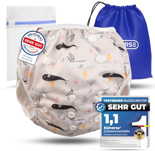 KIDVERSE Schwimmwindel Baby Badehose 0-3 Jahre - Hautfreundliche Schwimmwindeln wiederverwendbar & saugstark - Größenverstellbare Badewindel Baby Schwimmhose inklusive Tragetasche & Wäschenetz