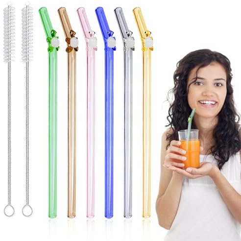 6 Pezzi Cannucce Riutilizzabili di Vetro 8mm Con 2 Spazzole per La Pulizia - Tartarughe Colorate per Bubble Tea, Cocktail e Bevande Calde