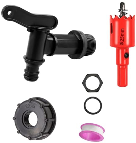 Auslaufhahn für Regentonne, Kunststoff Ersatz Wasserhahn 3/4 Zoll Regenfass mit S60x6 x 3/4 Adapter Kappe und Dichtung Kontermutter Dichtband für Regentonne, Wassertank, Zisternen (A)