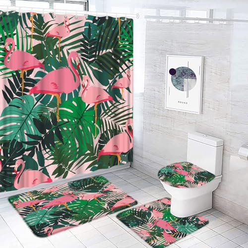 CCXTCZ 4-teiliges Flamingo-Duschvorhang-Set, Palmblattgrün, tropische Blätter, Hawaii, Aquarell, Vögel, Pflanze mit rutschfesten Teppichen, WC-Deckelbezug und Badematte, Badezimmer-Dekor-Set.
