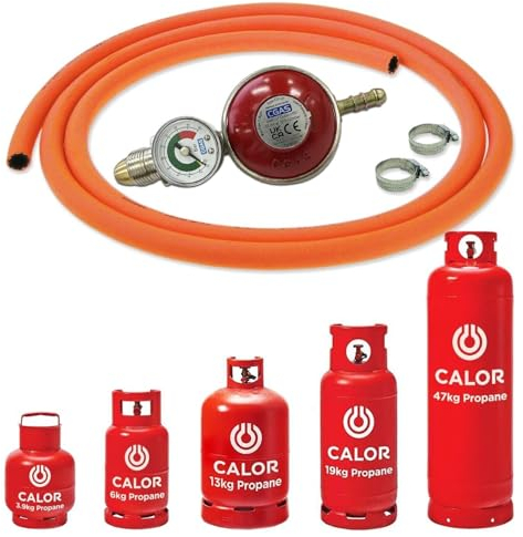 Catering Parts UK Propane Gas Bottle Regulator Kit With Pressure Dial 3m Orange Hose 37mbar Screw On and Clips