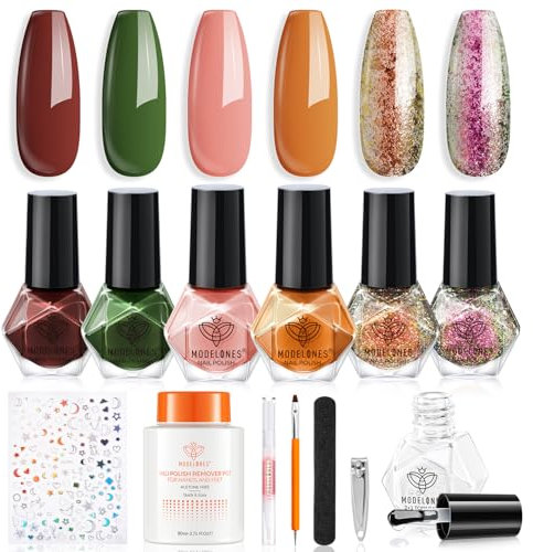 Modelones Nail Polish Set 6 Colors with Top & Base Coat, Red Orange Autumn Nail Polish Remover, Sticker, Sparkle Gold Shimmer Quick Dry Nail Polish Kit DIY Home Manicure for Women