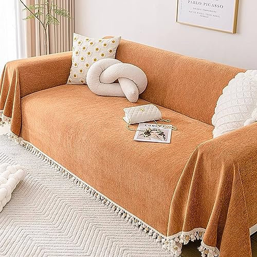 Bishilin Sofabezug 4 Sitzer rutschfest, Überzug Sofa Ecksofa 180x380CM Orange mit Quasten Couchbezug Katzenschutz Universal