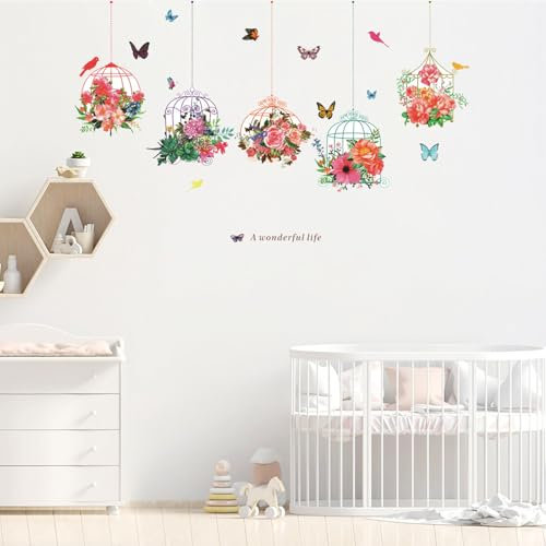 Girls Wall Stickers for Bedrooms Pink Flower Wall Decal Plants Kitchen for Bedroom Hanging Stickers for Walls Art Decor 1519