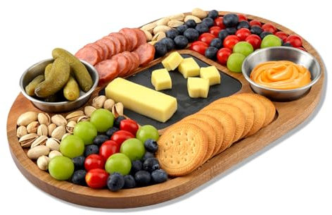 WLWNWFT Bandeja de madera de acacia con placa de pizarra de 36 x 24 cm, tabla de servir de madera con 2 cuencos de acero inoxidable, plato de carne y aperitivos con compartimentos