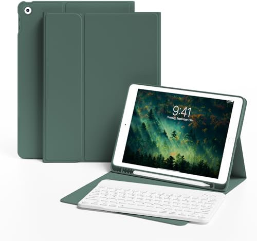 KVTVOU Case With Keyboard for iPad 9th / 8th / 7th Generation 2021/2020/2019 10.2 Inch, Soft TPU Case with Pencil Holder, Magnetic Detachable Bluetooth English Keyboard for iPad 9/8/7, Dark Green
