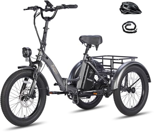 Fafrees F20 Mate E Bike Tricycle, 20 * 3.0 Inch Folding Electric Tricycle for Adults, 48V/18.2Ah Removable Battery, Rear Rack, Electric Cargo Tricycle for Senior, 25KM/H, Range 110KM (Grey)