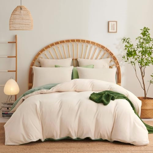 Freyamy Plüsch Bettwäsche Set 135x200 4Teilig Beige Grün Samt Biber Cashmere Touch Winterbettwäsche Flanell Flauschige Wendebettwäsche Warme Winter Bettwäsche mit 2 Bettbezug und 2 Kissenbezug