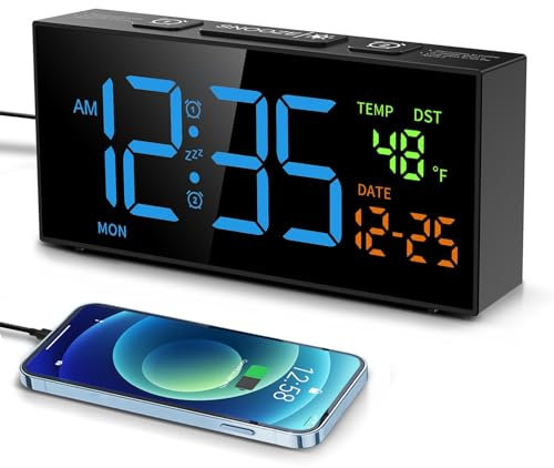 Digitaler Wecker Laut, Digitalwecker mit Temperatur und Datumsanzeige, 10 Klingeltönen, 2 Alarme, Snooze, 4 Helligkeit, 4 Lautstärke, 12/24 Stunden, Wecker für Schlafzimmer Wohnzimmer (Schwarz-Blau)