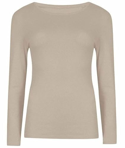 FASHION MY LOVE Women Ladies Long Sleeve Round Neck Plain Top Stretchy Casual Summer T-Shirts Basic Slim fit Tee Tops UK Plus Size 8-26 Stone