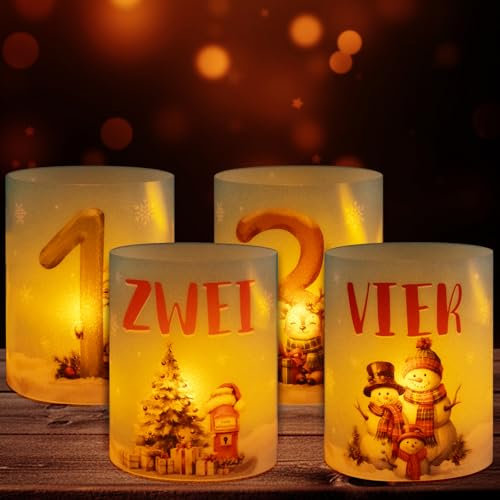 BOOMTOP 12Pcs Windlicht Tischdeko Advent Kerzen Deko Adventszahlen 1 2 3 4 Mini Teelichter Adventskranz Weihnachtsbmann Rentier Schneemann Kerzen Deko Lichthülle Indoor Outdoor Kerzen Dekoration Bunt