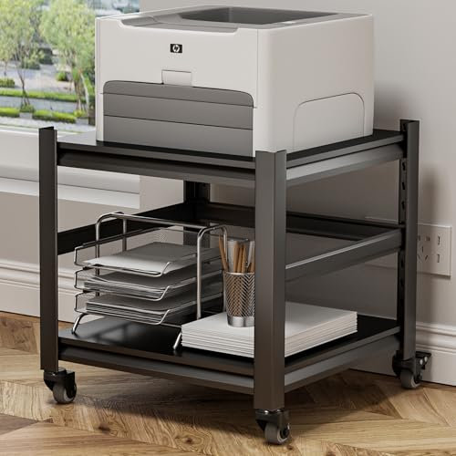Phonando Soporte para impresora con ruedas, mesa de impresora de 2 niveles con estante de almacenamiento ajustable para oficina en casa, carrito de impresora rodante para prensa de calor, mini nevera,