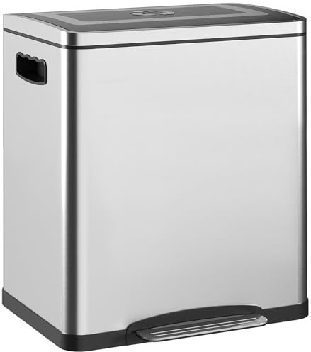 HOMCOM Cubo de cosmética con pedal 2 x 15L, 2 compartimentos, acero inoxidable con tapa de cierre suave, cubos extraíbles, 40L x 34,8l x 47,5H cm plata