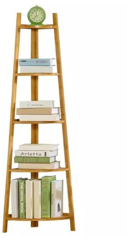 5 Tier Bamboo Corner Ladder Shelving Unit Modern Plant Stand and Bookshelf for Living Room Office and Kitchen Space Saving Corner Shelf Organizer