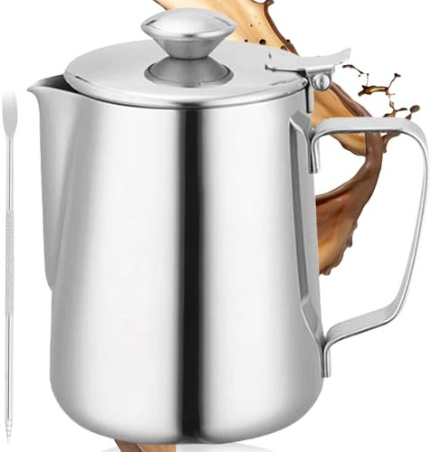 GOMETY Milchkännchen Edelstahl 600ml: Milchkanne Kaffee Kännchen, Milchaufschäumer Zubehör mit Latte Art Pen für Cappuccino (600ml)