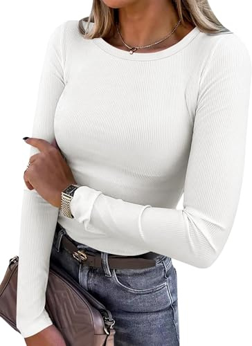 Chicrise Womens Sweatshirt Long Sleeve Round Neck Tops Ribbed Slim Fit Basic Plain T-Shirts Comfortable White Large 16-18