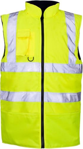 Hi Viz Bodywarmer Reversible Fleece Lined High Visibility Gilet, Waterproof Padded Jacket, Safety Workwear, Security Wear, Quilted Hi-Vis Body Warmer for Men, Women, Unisex, Windproof, Warm Waistcoa