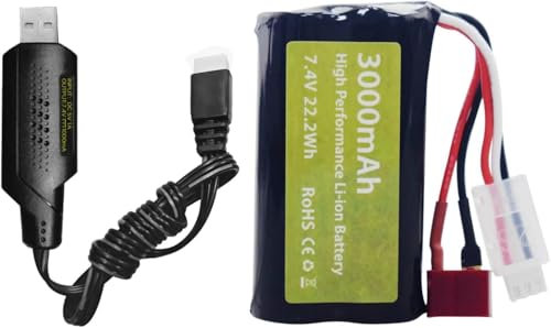 YUNIQUE GREEN-CLEAN-POWER 7.4V 3000mAh 15C 2S Li-Ion Akku mit T Plug USB Ladekabel für WLtoys 12423 MJX 14301 14302 14303 H16PL High Speed RC Car 1/10 1/12 1/16 Truck