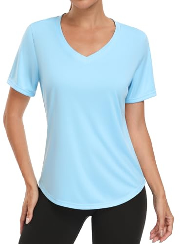 Charmo Sportshirt Damen Kurzarm UPF 50+ Sport Tshirt Fitness V-Ausschnitt Sporttop Leichtes Atmungsaktiv Funktionsshirt Sport Oberteile für Gym Yoga