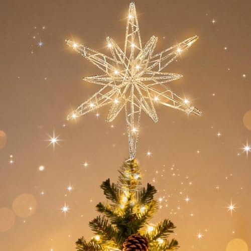 LED Weihnachtsbaumspitze Stern, 30CM Christbaumspitze Stern mit LED Licht Weihnachtsdeko Tannenbaum Spitze Glitzern Weihnachtsbaumspitze Beleuchtet Weihnachtsstern Baumspitze für Weihnachten Deko (B)