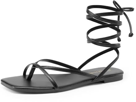 DREAM PAIRS Women's Strappy Flat Sandals - Comfortable Lace Up Gladiator Dressy Sandals, Square Toe Tie Up Walking Sandal, Summer Wrap Up Vocation Sandal Mermaid Shoes,Size 8.5,Black,SDFS26010W