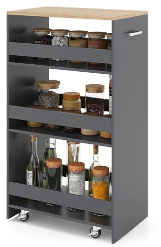 GIANTEX Nischenregal 30 cm breit, Küchenregal Küchenschrank Küchenwagen, Nischenschrank Nischenwagen auf Rollen, Badregal Rollwagen Holz 4 Etagen, Schmales Regal für Küche, 47,5 x 30 x 80,5 cm