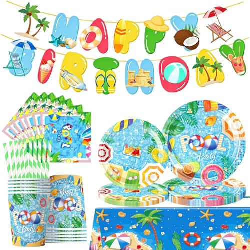 AKONE Set di stoviglie per feste di compleanno, decorazione per feste di compleanno per bambini, set di stoviglie per feste con piatti di carta, tovaglioli, bicchieri di carta, cannucce, striscione