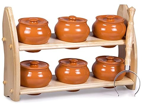 Stoneware Ramekins with Lids Set of 6 - 16.9 fl oz (500 ml) - Clay Cooking Pots with Shelf