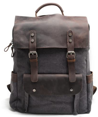Eysee Vintage Rucksack Herren Canvas mit Leder- Canvas Rucksack Vintage Schwarz, Herren Rucksack Schwarz mit Laptopfach für 15 Zoll Laptop