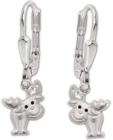 CLEVER SCHMUCK Silberner Ohrhänger 23 mm Elch 7 mm Augen schwarz lackiert matt und glänzend STERLING SILBER 925
