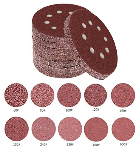 Toowood 100pcs 125mm Sanding Discs, 8-Hole Dustless Hook & Loop sand paper, 60-600 Multi-Grit Professional Abrasive Discs for Orbital Sander, Woodworking and Auto Body Refinishing