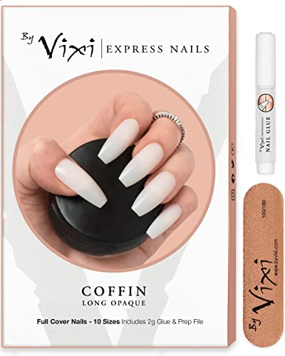 By Vixi 500 LONG CERCUEIL/BALLERINE ONGLES SET avec LIME À ONGLES, 10 tailles de faux ongles opaques à couverture complète express, professionnel de salon et de maison