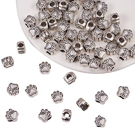 PH PandaHall 60Pcs Tibetische Europäische Perlen Großlochperlen Mit 4.8mm Loch, Paracord beads Hundepfote Form Spacer Perle Paracord Perlen für Armband Schmuckherstellung, Antik Silber, 11x10,6x7,5mm