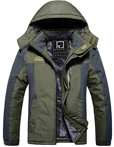 R RUNVEL Mens Waterproof Ski Jackets Winter Coats for Men Hiking Ski Rain Warm Fleece Walking Windbreaker Mountain Outdoor Work Jacket Coat Green XXL