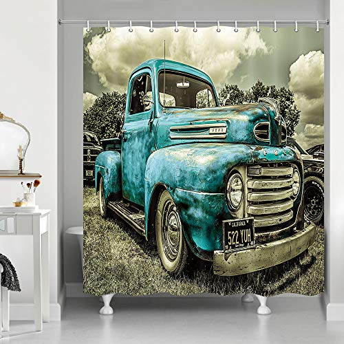 NYMB Antike Auto-Duschvorhänge, Custom Vintage Old Truck Car Decor, Polyester Stoff Blau Rustikaler Traktor Duschvorhang-Set Fantastische Dekorationen Landhaus-Badvorhang, 175 x 178 cm (blau)
