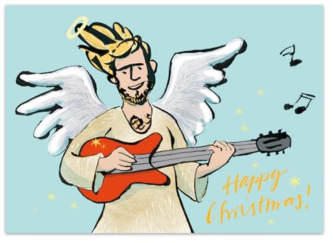 Besondere Weihnachtskarte rockender Engel mit Gitarre und Bewegungseffekt mit Umschlag