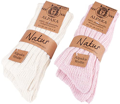 BRUBAKER 4 Paar Alpaka Socken mit Alpakawolle - Wintersocken Set für Damen und Herren - Rosa Beige - Größe 35-38