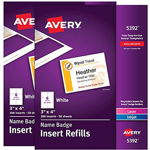 Avery 35392 Namensschild-Einlagen, 7,6 x 10,2 cm, zum Drucken oder Schreiben, für Laser/Tintenstrahldrucker, 2 Stück, 300 Einsätze pro Packung, insgesamt 600 Ausweise